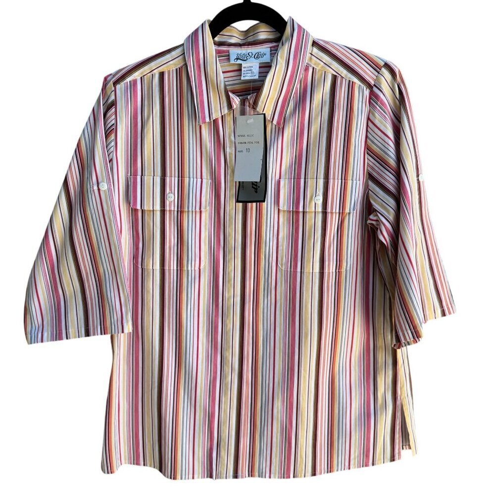 Yves St Clair Womens Pink Striped Short Sleeve Roll Tab Button-Up Stretch Top 10